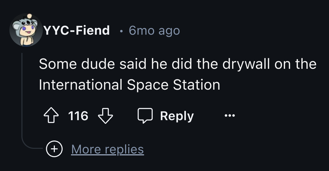 screenshot - YycFiend 6mo ago Some dude said he did the drywall on the International Space Station 116 116 More replies